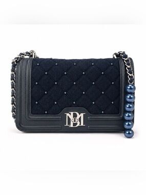 NWT Badgley Mischka Denim Diamond Quilted Crossbody Bag w/ Matching Pearls
